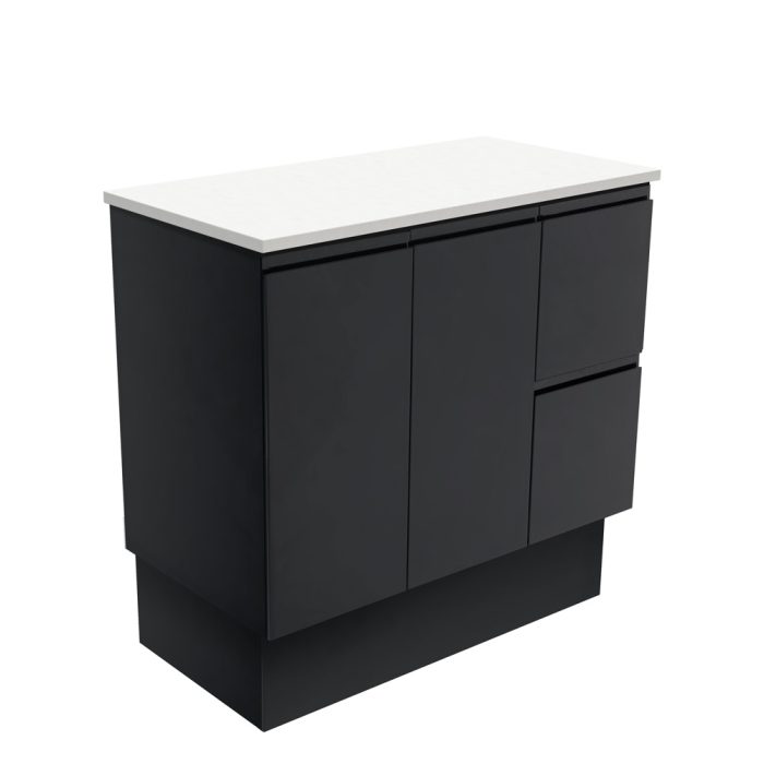fienza Fingerpull Satin Black 900 Cabinet on Kickboard Right Hand Drawers
