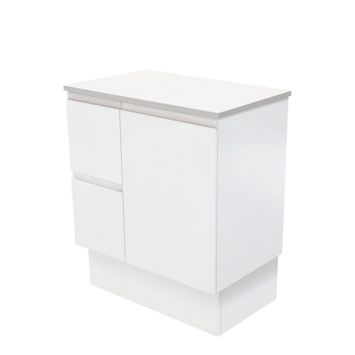 fienza Fingerpull Satin White 750 Cabinet on Kickboard Left Hand Drawers