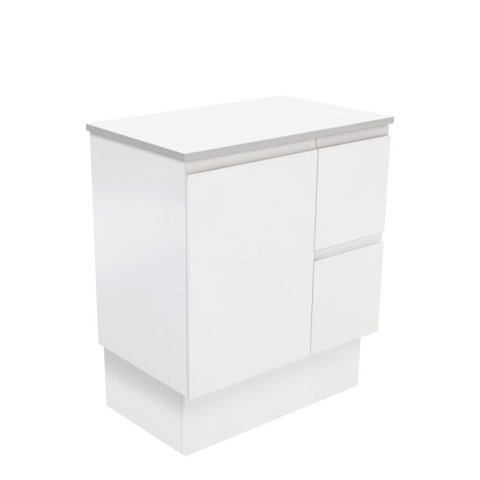 fienza Fingerpull Satin White 750 Cabinet on Kickboard Right Hand Drawers