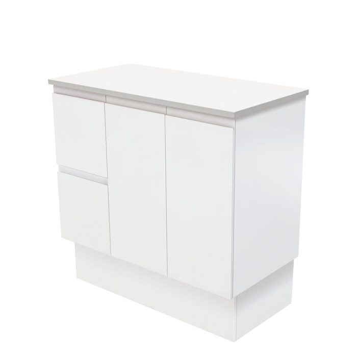 fienza Fingerpull Satin White 900 Cabinet on Kickboard Left Hand Drawers