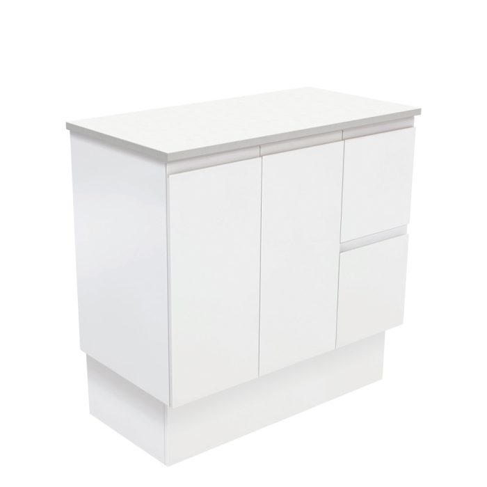 fienza Fingerpull Satin White 900 Cabinet on Kickboard Right Hand Drawers