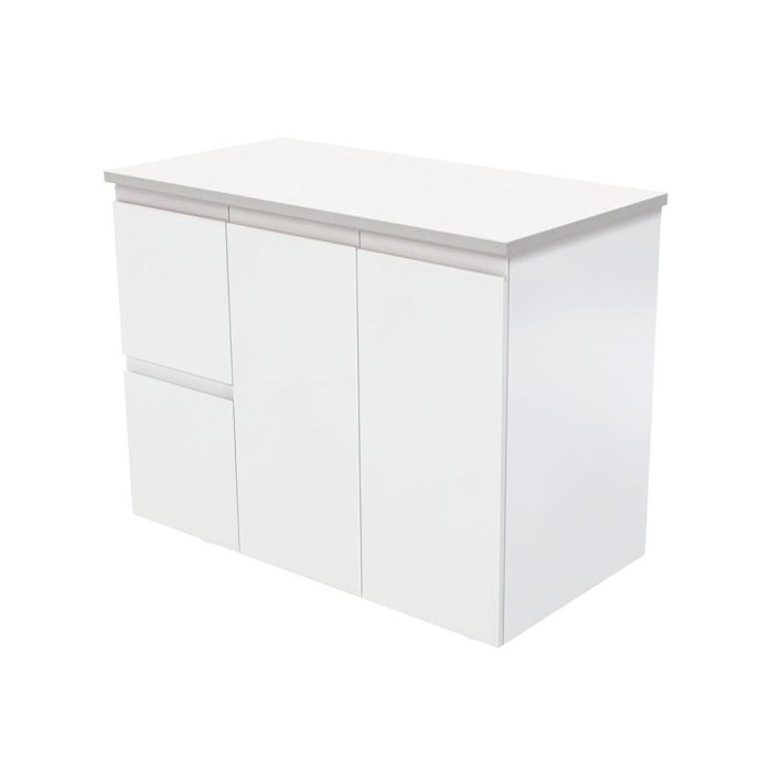 fienza Fingerpull Satin White 900 Wall-Hung Cabinet Left Hand Drawers