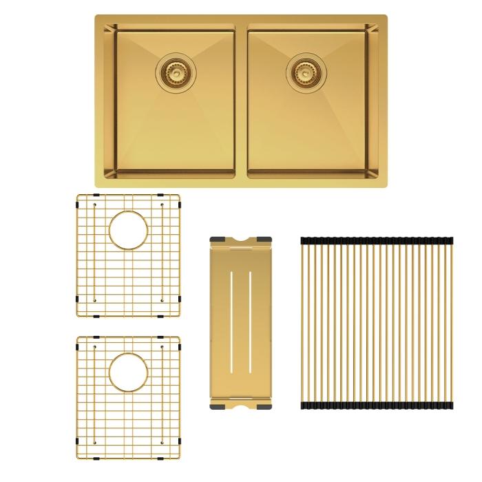 fienza Hana 27L/27L Double Kitchen Sink Kit PVD Rugged Brass