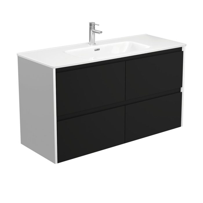fienza Joli Amato 1200 Satin Black Wall-Hung Vanity Satin White Panels