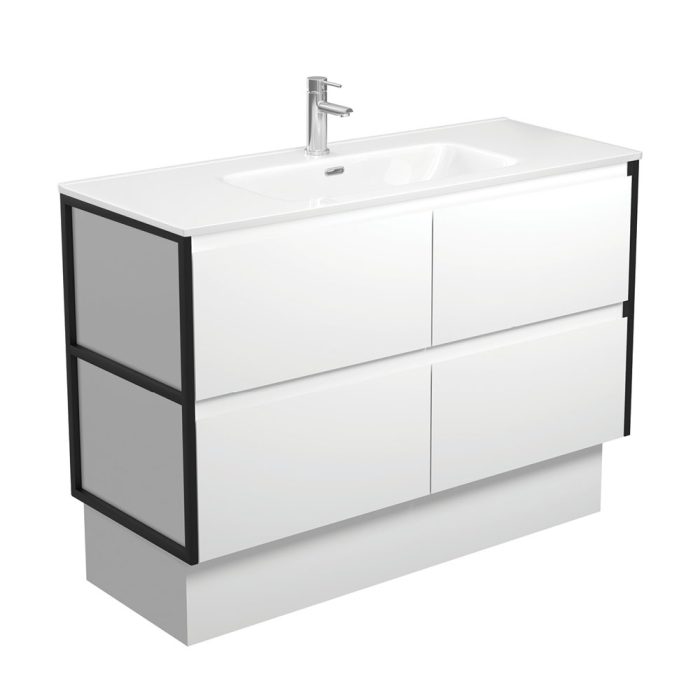 fienza Joli Amato 1200 Satin White Vanity On Kick Matte Black Frames
