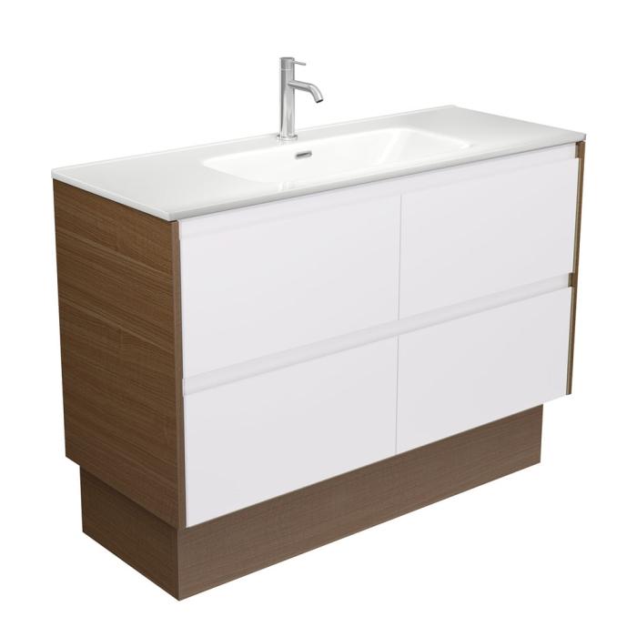 fienza Joli Amato 1200 Satin White Vanity on Kick Walnut Panels
