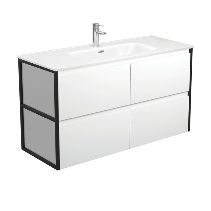 fienza Joli Amato 1200 Satin White Wall-Hung Vanity Matte Black Frames