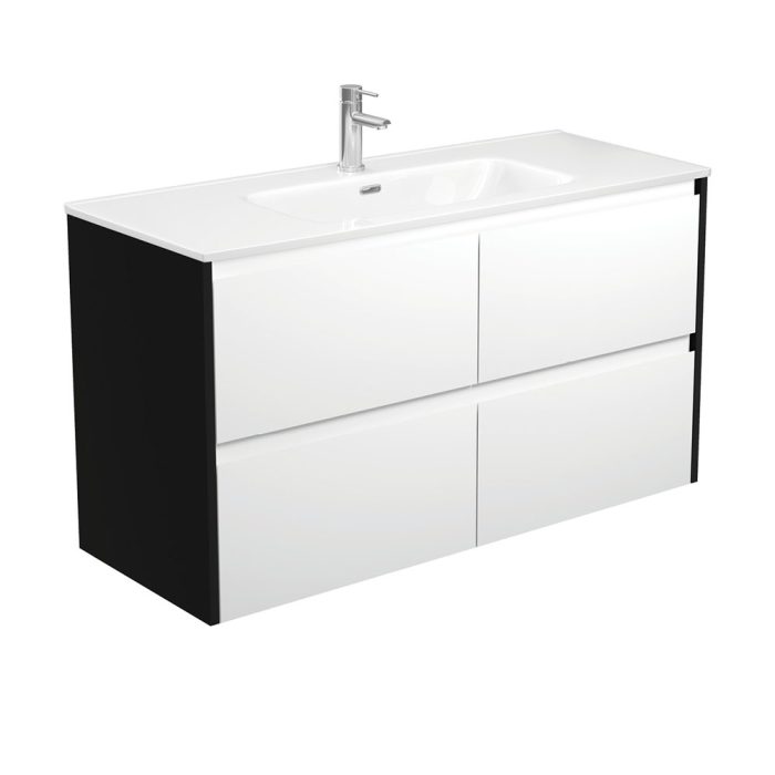 fienza Joli Amato 1200 Satin White Wall-Hung Vanity Satin Black Panels