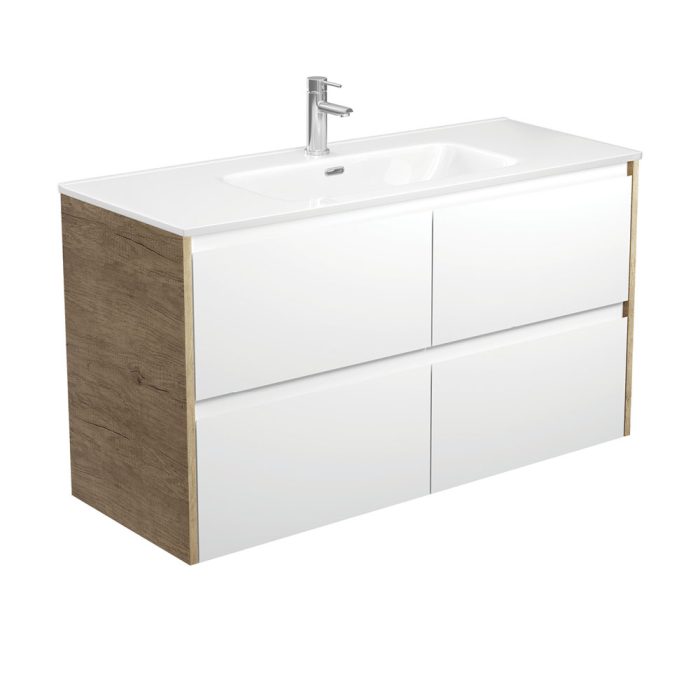 fienza Joli Amato 1200 Satin White Wall-Hung Vanity Scandi Oak Panels