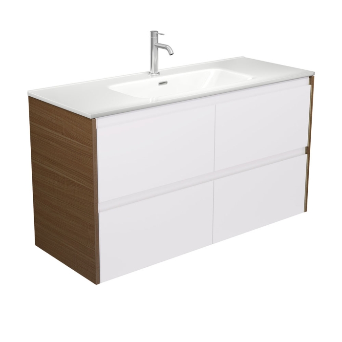 fienza Joli Amato 1200 Satin White Wall Hung Vanity Walnut Panels