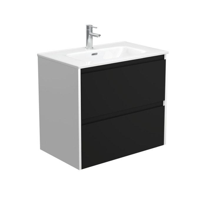 fienza Joli Amato 750 Satin Black Wall-Hung Vanity Satin White Panels