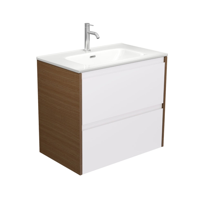 fienza Joli Amato 750 Satin White Wall Hung Vanity Walnut Panels