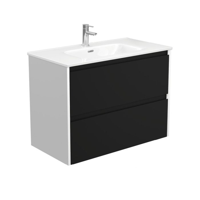 fienza Joli Amato 900 Satin Black Wall-Hung Vanity Satin White Panels