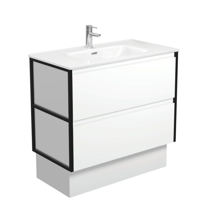 fienza Joli Amato 900 Satin White Vanity On Kick Matte Black Frames