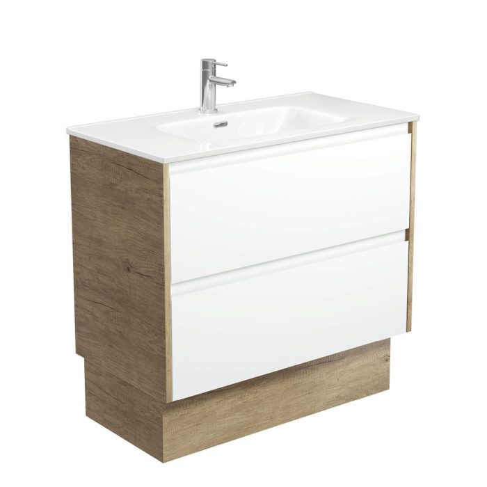 fienza Joli Amato 900 Satin White Vanity On Kick Scandi Oak Panels