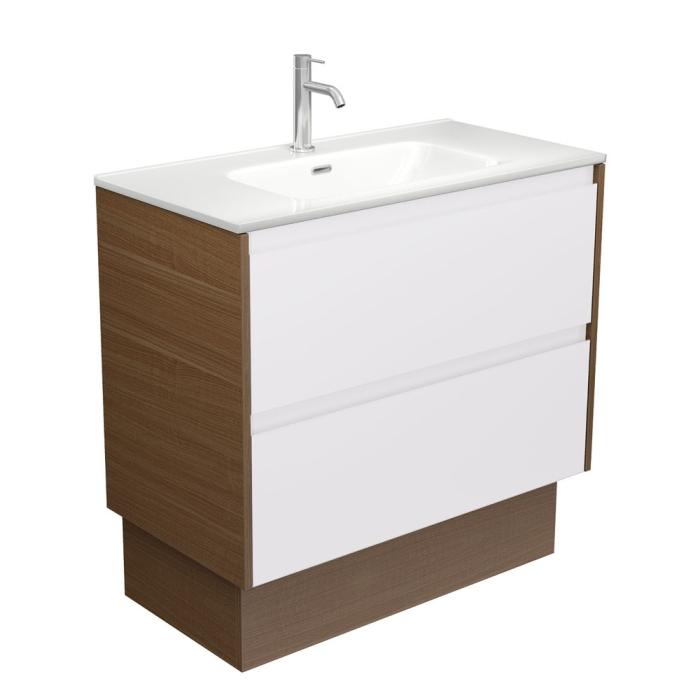fienza Joli Amato 900 Satin White Vanity on Kick Walnut Panels