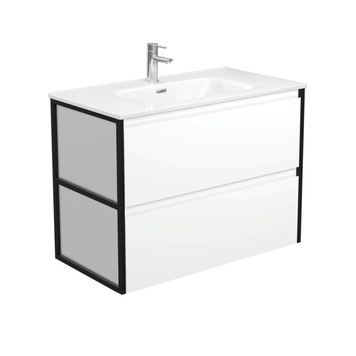 fienza Joli Amato 900 Satin White Wall-Hung Vanity Matte Black Frames