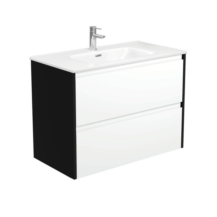fienza Joli Amato 900 Satin White Wall-Hung Vanity Satin Black Panels