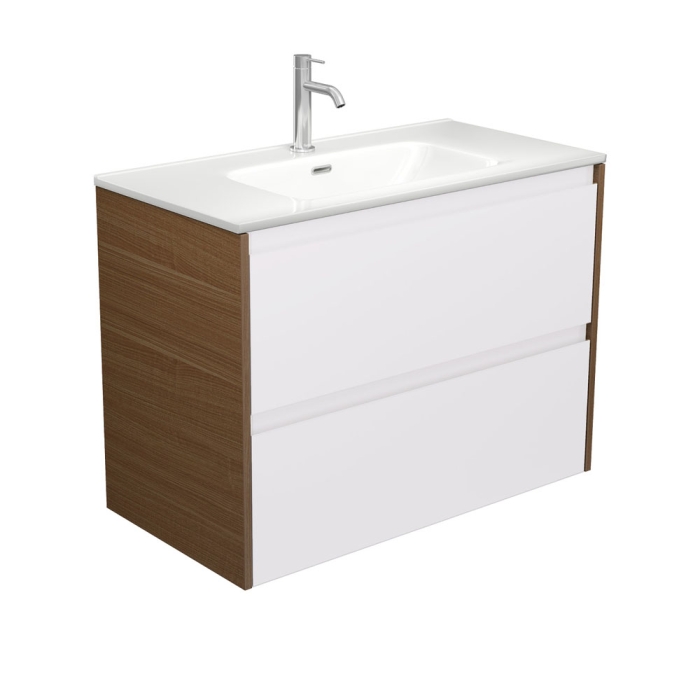 fienza Joli Amato 900 Satin White Wall Hung Vanity Walnut Panels