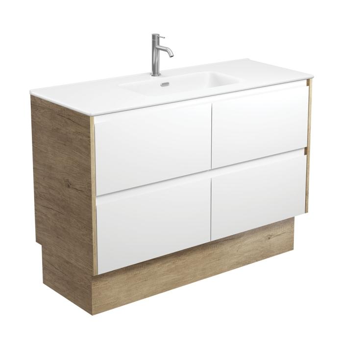 fienza Joli Matte Amato Satin White 1200 Vanity On Kickboard with Scandi Oak Panels