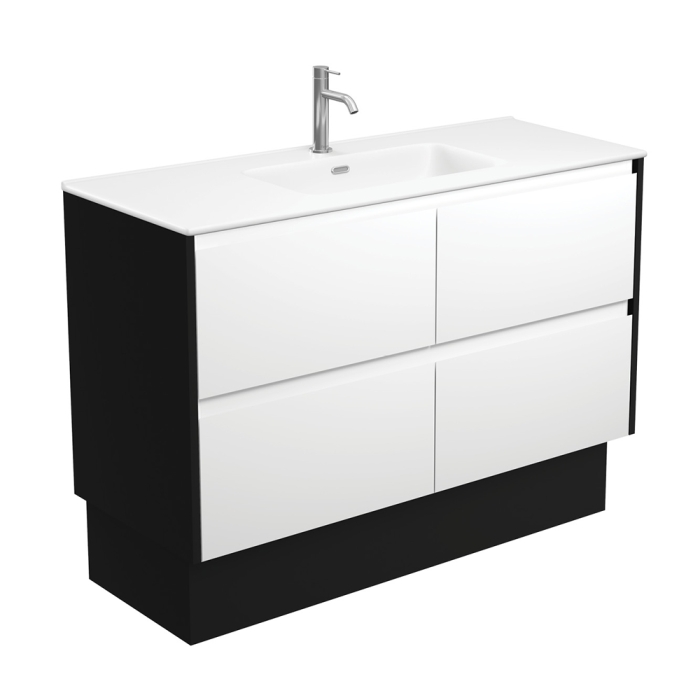 fienza Joli Matte Amato Satin White 1200 Vanity On Kickboard with Satin Black Panels