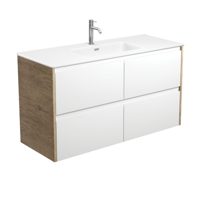 fienza Joli Matte Amato Satin White 1200 Wall Hung Vanity with Scandi Oak Panels