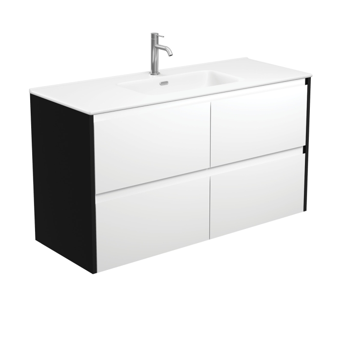 fienza Joli Matte Amato Satin White 1200 Wall Hung Vanity with Satin Black Panels