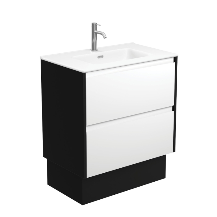 fienza Joli Matte Amato Satin White 750 Vanity On Kickboard with Satin Black Panels