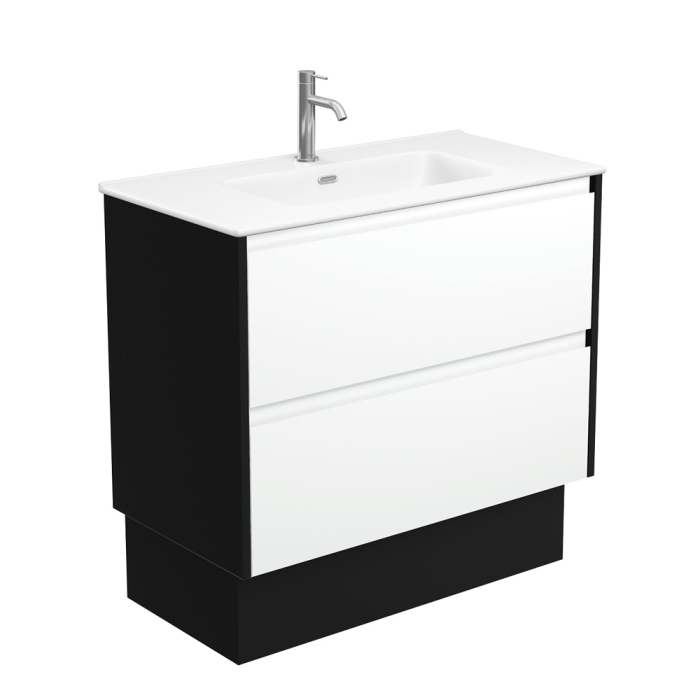 fienza Joli Matte Amato Satin White 900 Vanity On Kickboard with Satin Black Panels