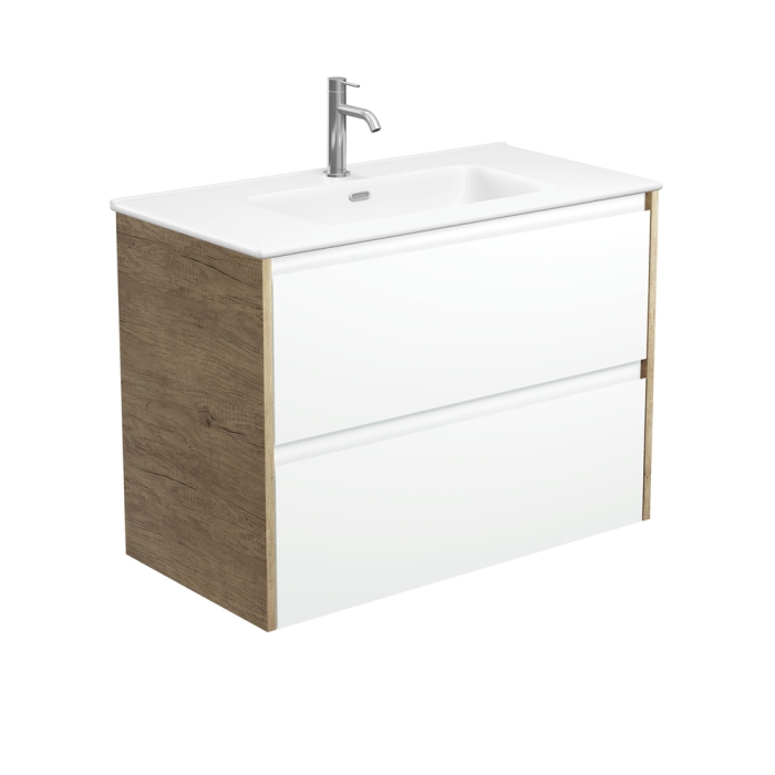 fienza Joli Matte Amato Satin White 900 Wall Hung Vanity with Scandi Oak Panels