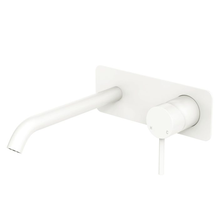 fienza Kaya Basin/Bath Wall Mixer Set Rectangular Plate 200mm Outlet Matte White