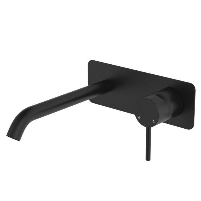 fienza Kaya Basin/Bath Wall Mixer Set Rectangular Plate 200mm Outlet Matte Black