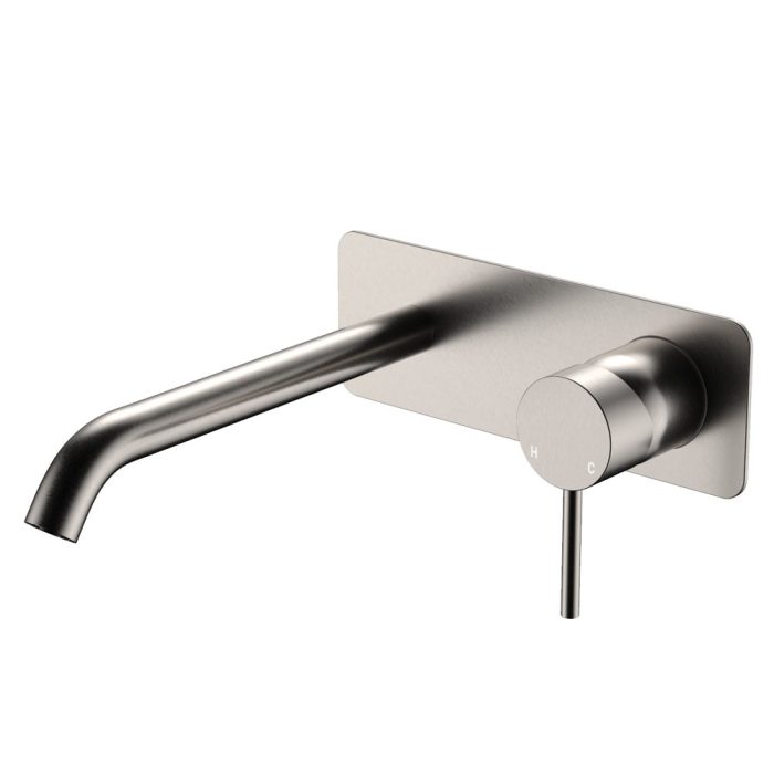 fienza Kaya Basin/Bath Wall Mixer Set Rectangular Plate 200mm Outlet Brushed Nickel