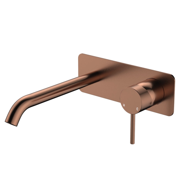 fienza Kaya Basin/Bath Wall Mixer Set Rectangular Plate 200mm Outlet Brushed Copper