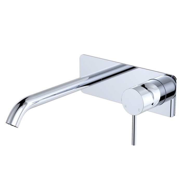 fienza Kaya Basin/Bath Wall Mixer Set Rectangular Plate 200mm Outlet Chrome