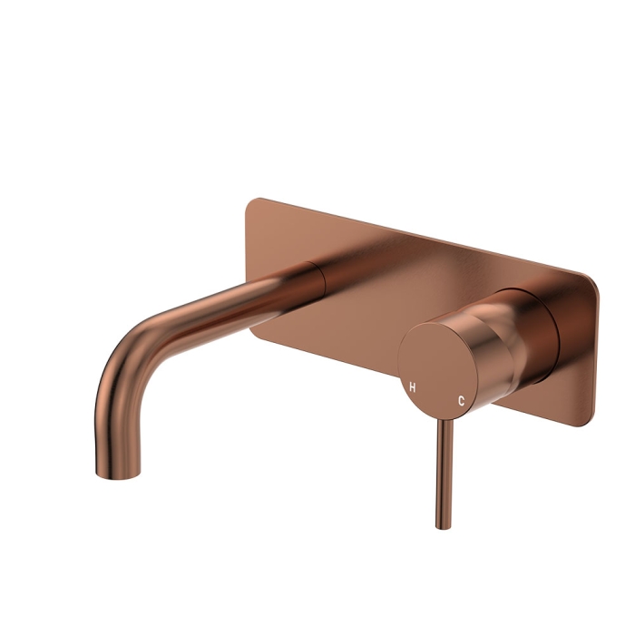 fienza Kaya Basin/Bath Wall Mixer Set Rectangular Plates 130mm Outlet Brushed Copper