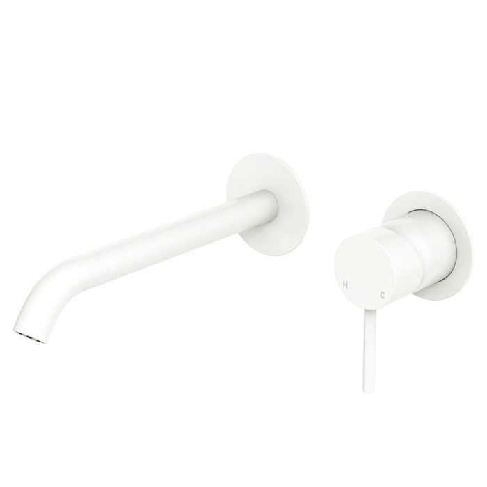 fienza Kaya Basin/Bath Wall Mixer Set Round Plates 200mm Outlet Matte White