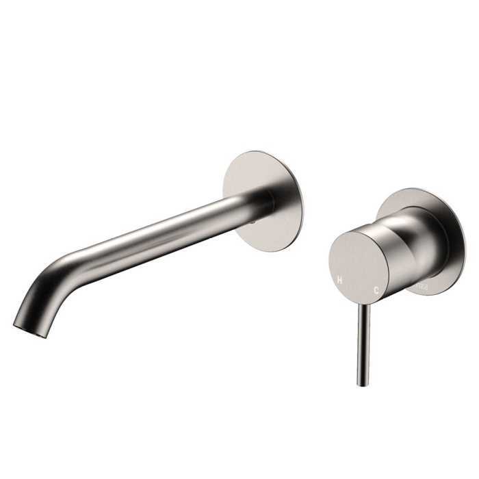 fienza Kaya Basin/Bath Wall Mixer Set Round Plates 200mm Outlet Brushed Nickel