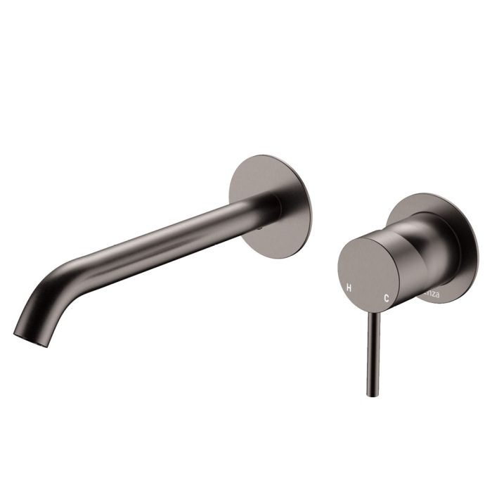 fienza Kaya Basin/Bath Wall Mixer Set Round Plates 200mm Outlet Gun Metal