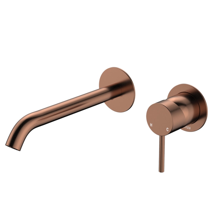 fienza Kaya Basin/Bath Wall Mixer Set Round Plates 200mm Outlet Brushed Copper