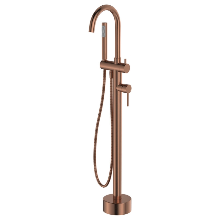 fienza Kaya Floor Mounted Bath Mixer With Hand Shower Brushed Copper
