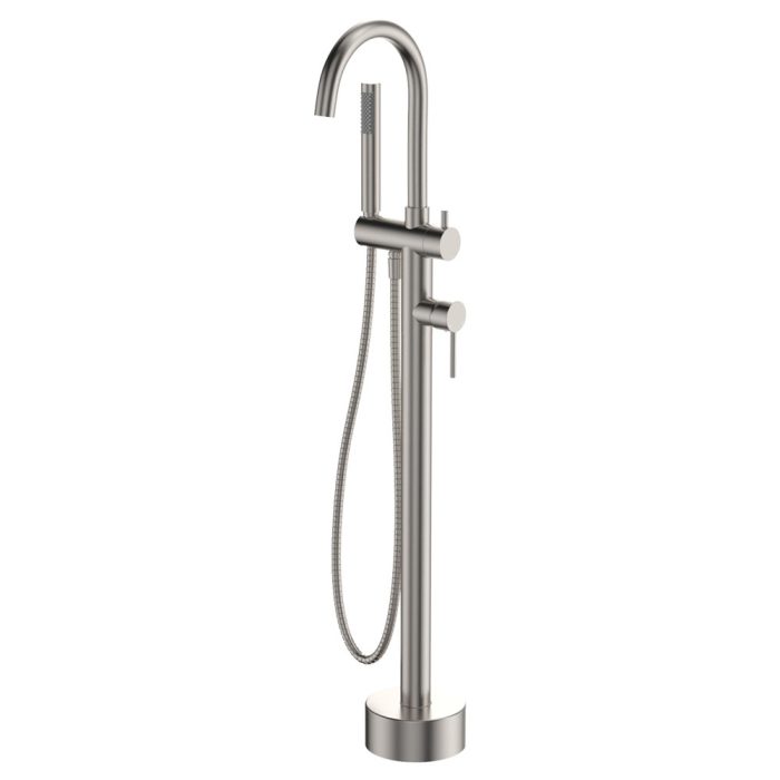 fienza Kaya Floor Mounted Bath Mixer With Hand Shower Brushed Nickel