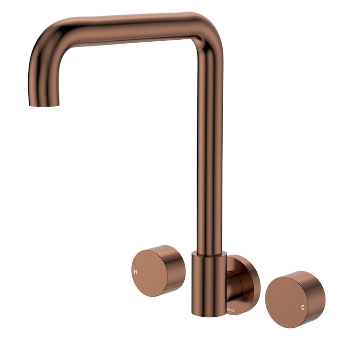 fienza Kaya Squareline Wall Set Round Taps Brushed Copper