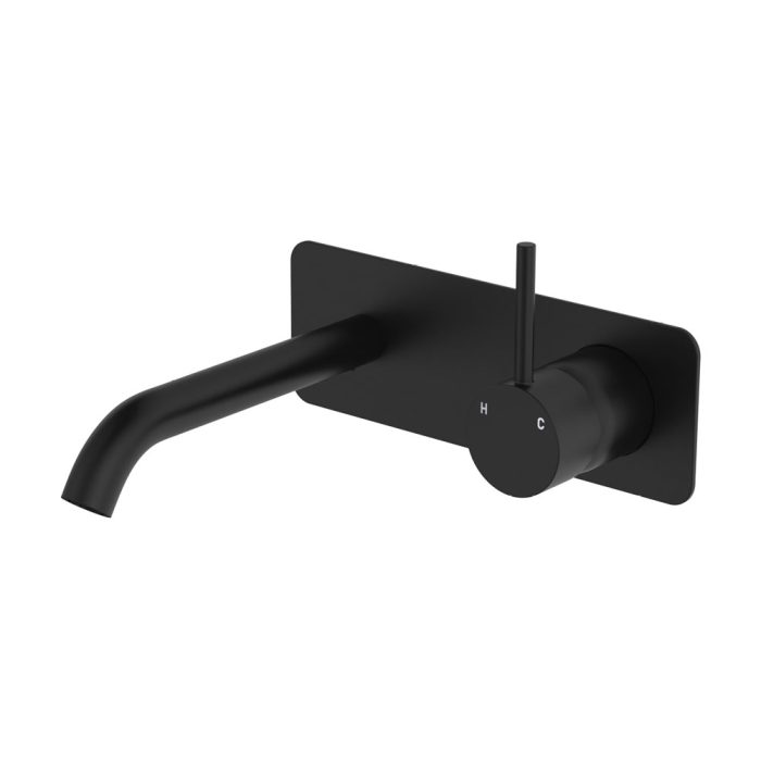 fienza Kaya Up Basin/Bath Wall Mixer Set Rectangular Plate 160mm Outlet Matte Black