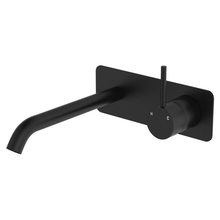 fienza Kaya Up Basin/Bath Wall Mixer Set Rectangular Plate 200mm Outlet Matte Black