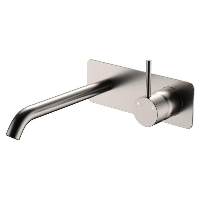 fienza Kaya Up Basin/Bath Wall Mixer Set Rectangular Plate 200mm Outlet Brushed Nickel