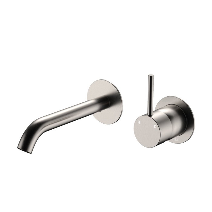 fienza Kaya Up Basin/Bath Wall Mixer Set Round Plates 160mm Outlet Brushed Nickel