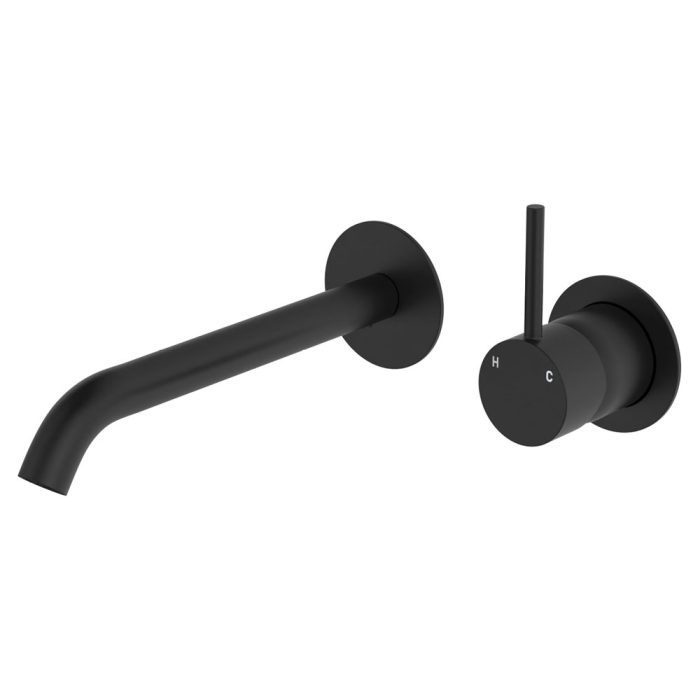 fienza Kaya Up Basin/Bath Wall Mixer Set Round Plates 200mm Outlet Matte Black
