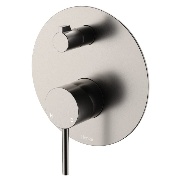 fienza Kaya Wall Diverter Mixer Large Round Plate Brushed Nickel