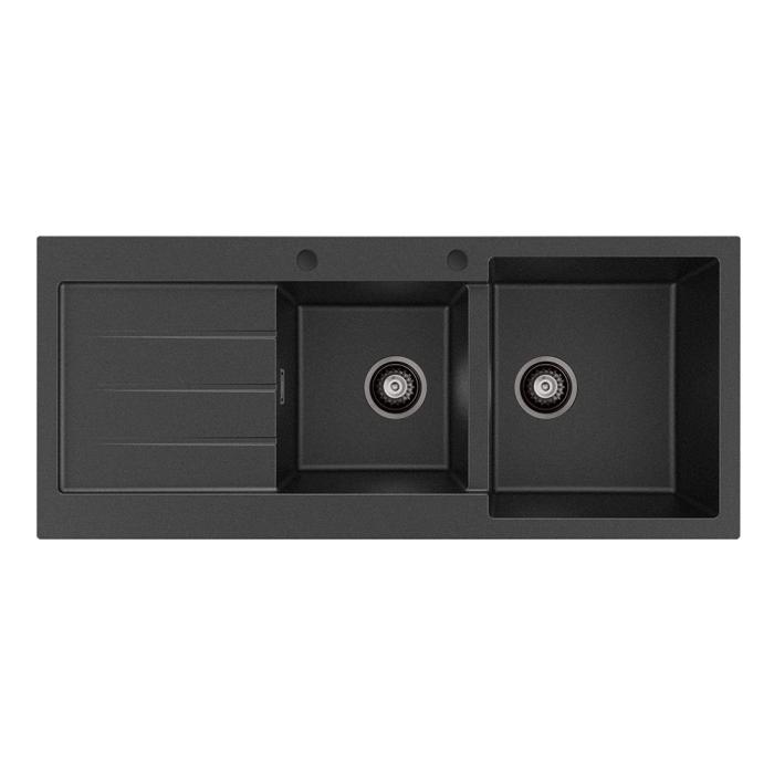 fienza Kuro Granite 2L/22L Double Kitchen Sink with Drainer Right Bowl 2 Tap Holes Matte Black